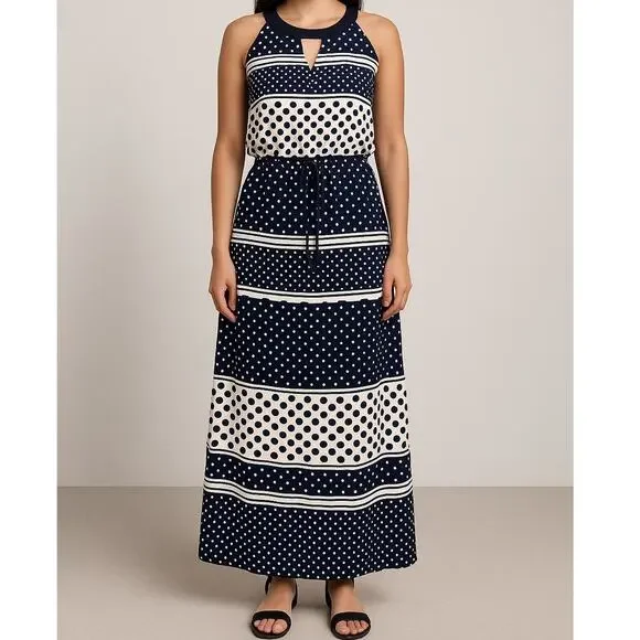 Enfocus Studio Navy White Black Polka Dot Maxi Dress 14 - Picture 1 of 7